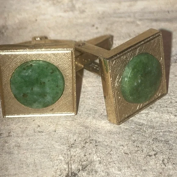 Sarah Cov. Coventry Vintage Green Jade Gold Tone Men’s Cuff Links Cuff-links - Picture 2 of 8
